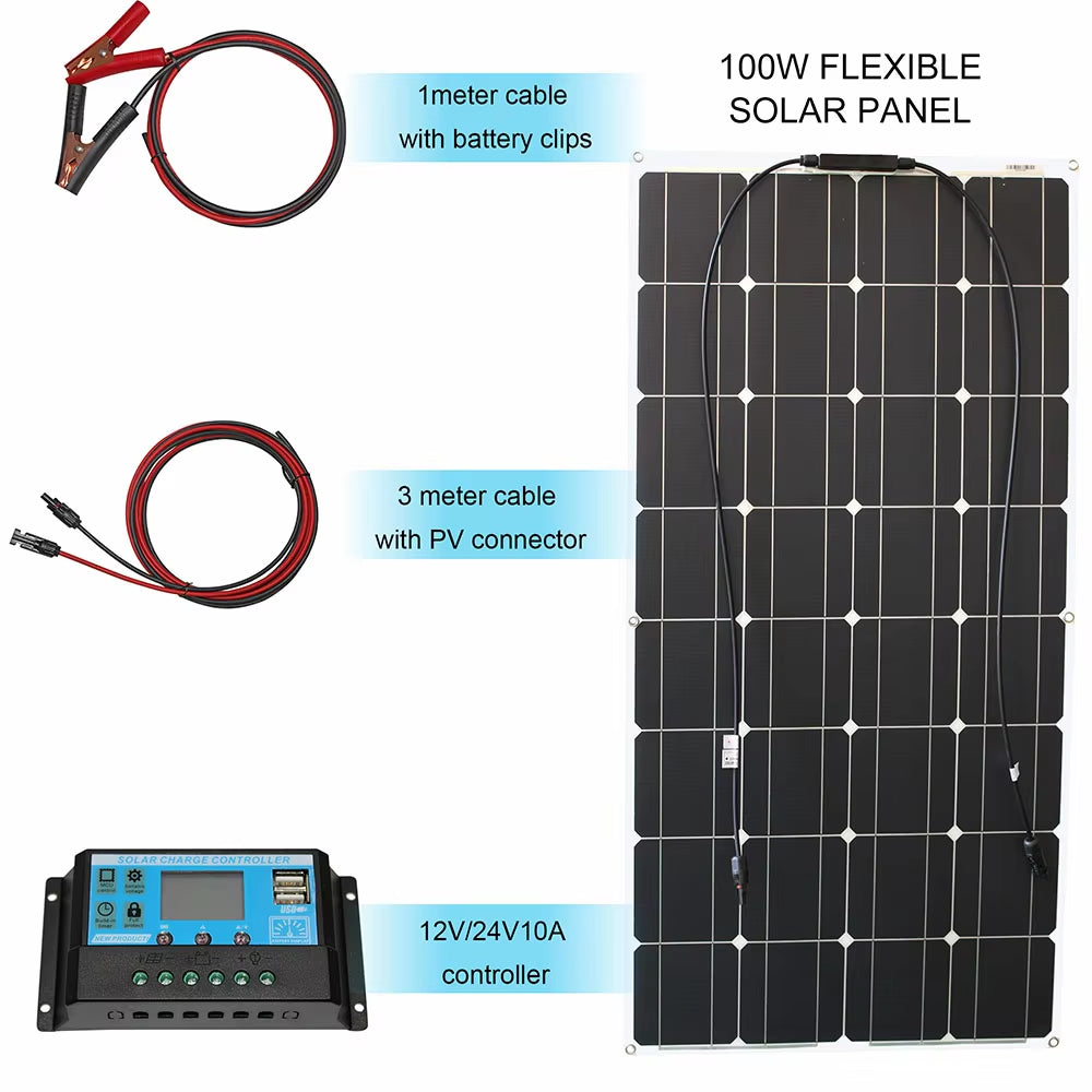 100W Panel Solar 200W 12V Mono Solar Cell Outdoor Flexible Solar Panel Kit for Light Home Lead Acid Battery
