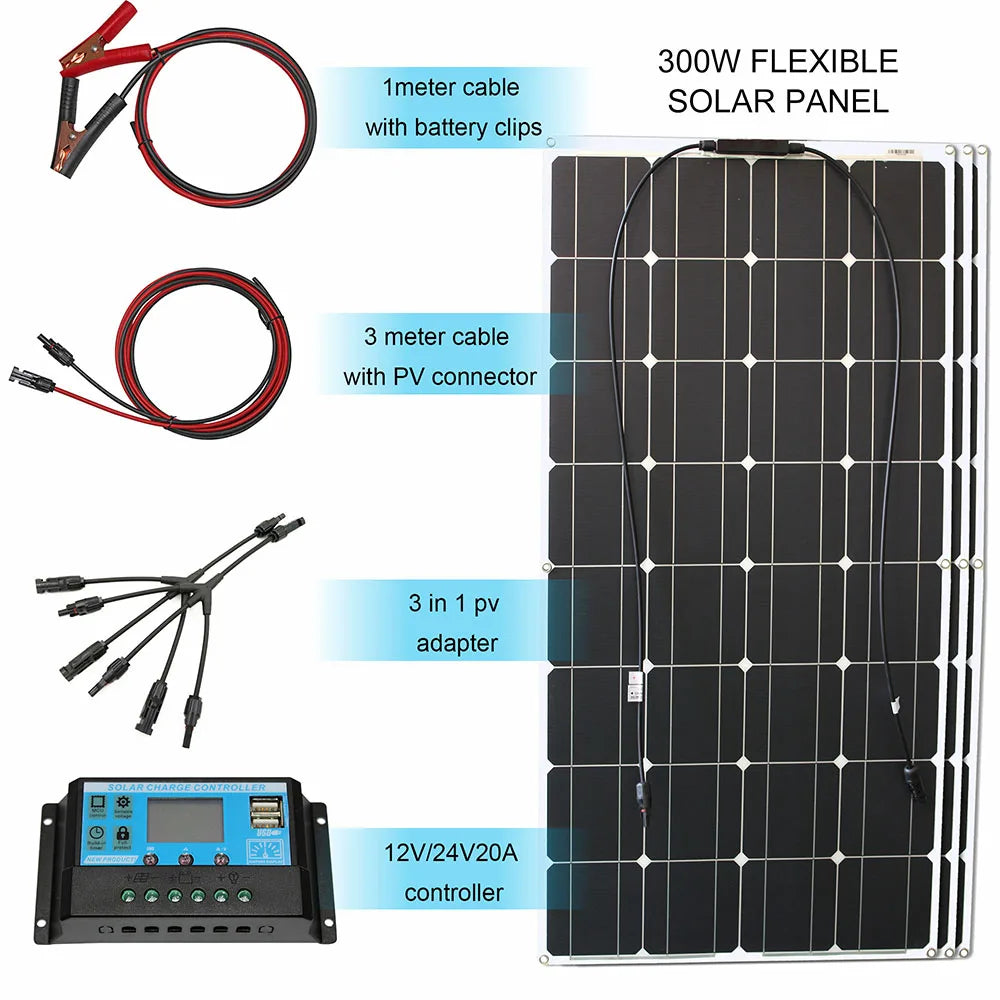 100W Panel Solar 200W 12V Mono Solar Cell Outdoor Flexible Solar Panel Kit for Light Home Lead Acid Battery