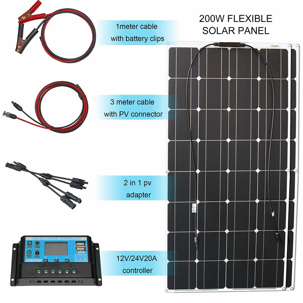 100W Panel Solar 200W 12V Mono Solar Cell Outdoor Flexible Solar Panel Kit for Light Home Lead Acid Battery