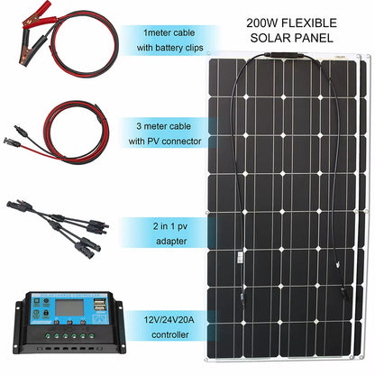 100W Panel Solar 200W 12V Mono Solar Cell Outdoor Flexible Solar Panel Kit for Light Home Lead Acid Battery