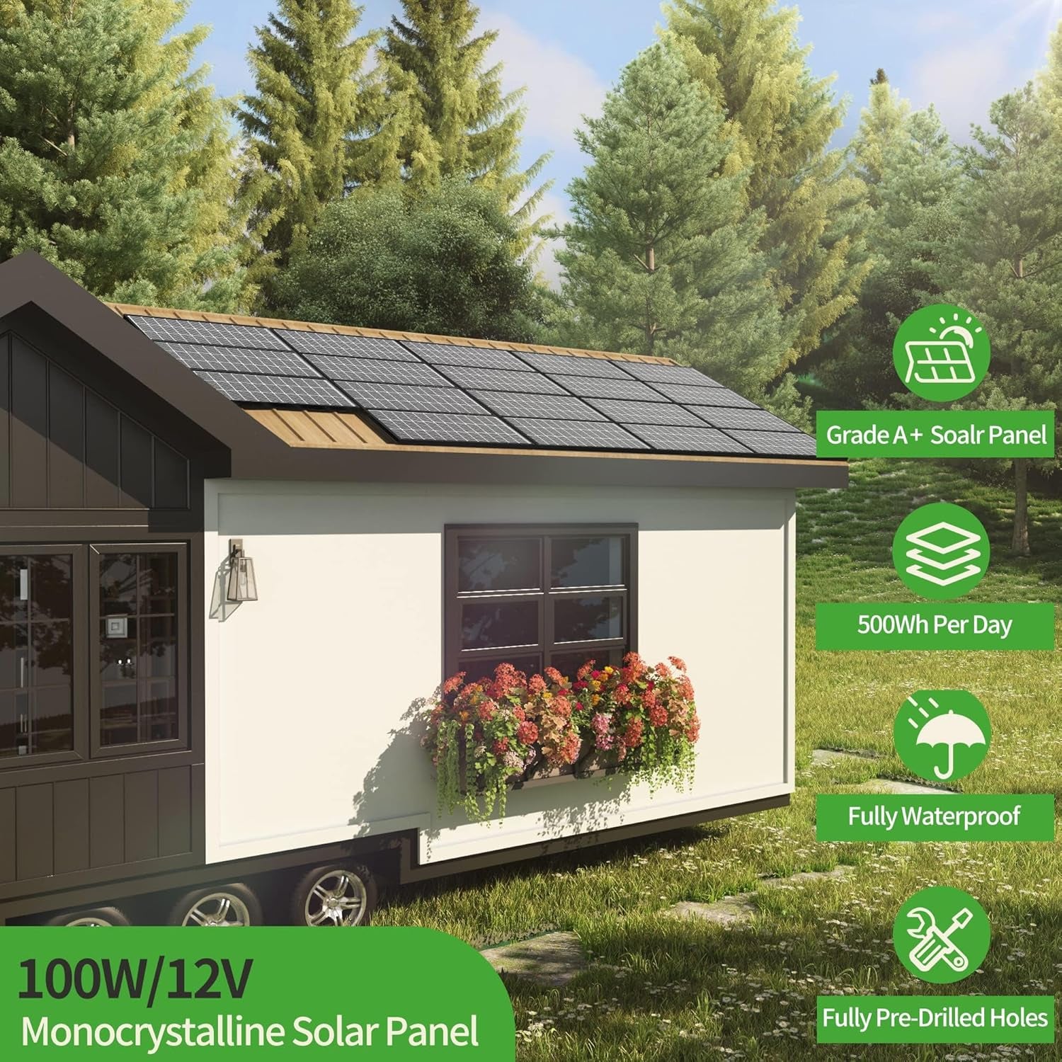 100 Watt Solar Panel, N-Type 16BB High Efficiency 12 Volt Solar Panels, 25% High Coversion Rate Solar Module PV Charge for Boat Rooftop Caravan and Other Off-Grid System